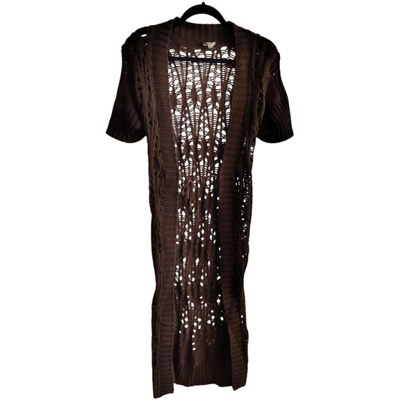Vanity Brown Crochet long length short sleeve open front cardigan Y2K inspired - Picture 1 of 5